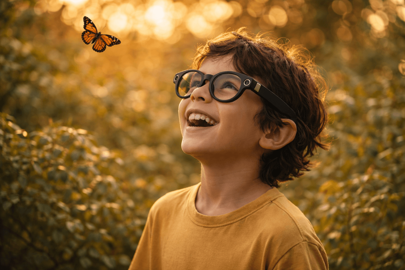 Boy wearing Shiro glasses with a butterfly, golden hour