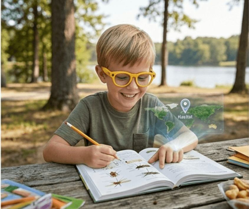 Boy with yellow glasses writing in AR notebook outdoors