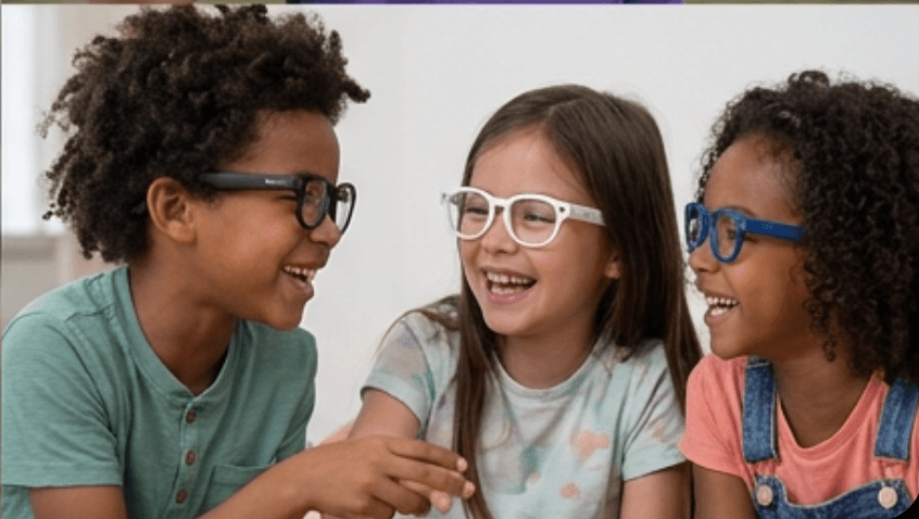 Three kids laughing together with Shiro glasses