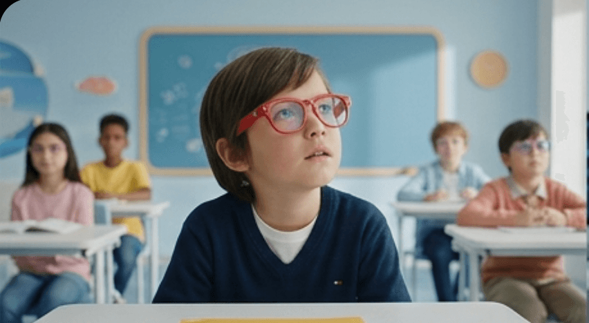 Boy learning in classroom with Shiro glasses