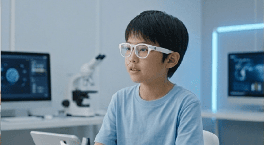Boy in lab wearing white Shiro glasses